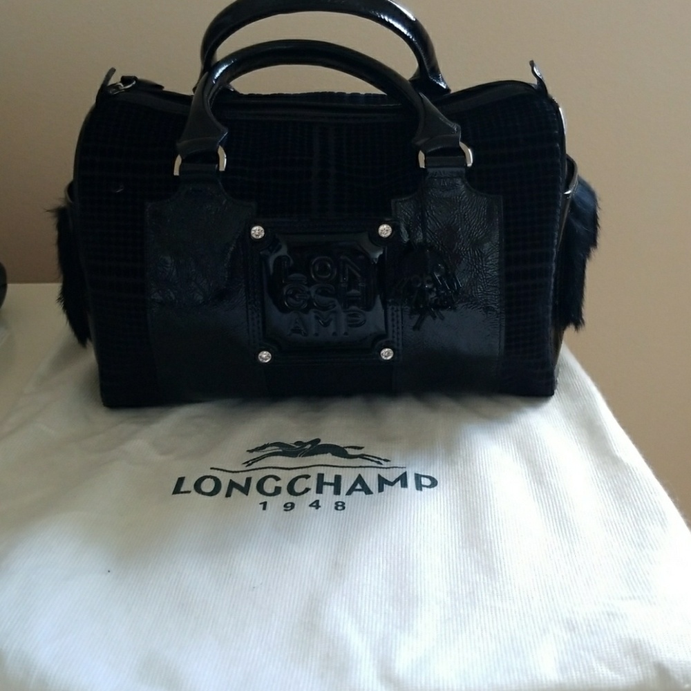 Authentic Long Champ Velvet / Fur Carry On Handbag